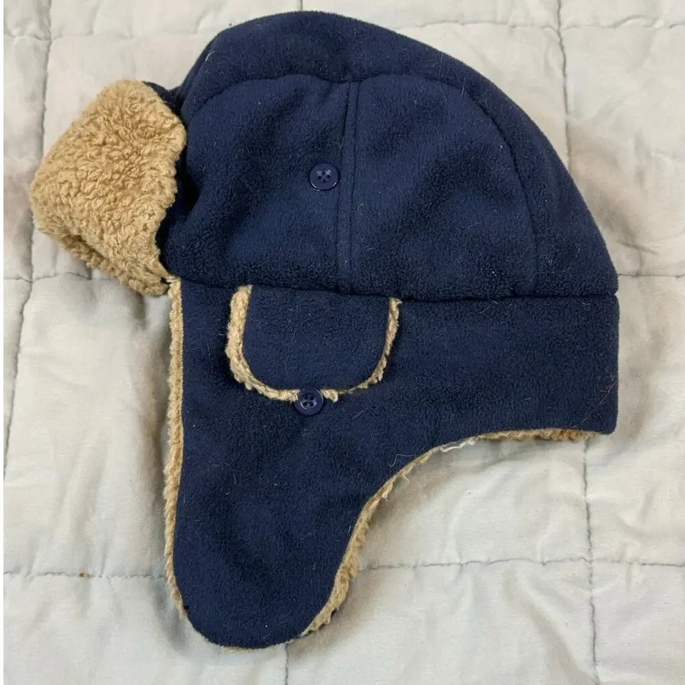 Gap Kids Navy Blue Tan Trapper Hat Fleece Sherpa Plush LIning Ear Flaps Hat